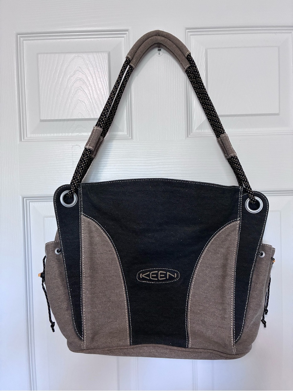 KEEN Shoulder Bag Large Gray & Tan Canvas Colorblock Cord Strap Travel Tote